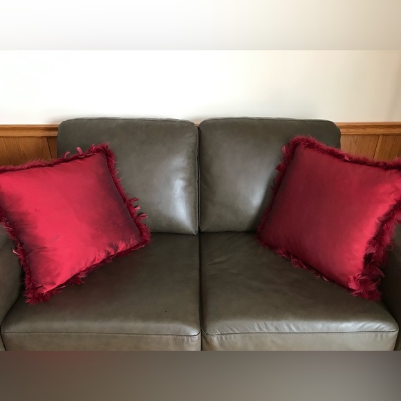 Two Red Silk Feather Trimmed Pillows filled with Feather - Picture 1 of 4